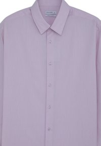 Helles rosa Langarmhemd mit Button-Down-Kragen, regular fit, subtiler Textur und fünf Vorderknöpfen. Etikett: Calliope.
