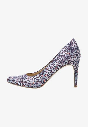 Leopard print high heel shoe with a rounded toe, fabric upper featuring purple and pink spots on a light blue background, slim stiletto heel.