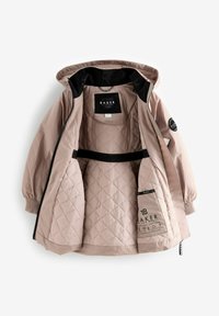 Hellrosa Jacke mit gesteppter Innenseite, schwarzen Akzenten, Kapuze mit Kordelzug und Seitentaschen, ausgestattet mit einem Markenetikett und elastischen Bündchen.