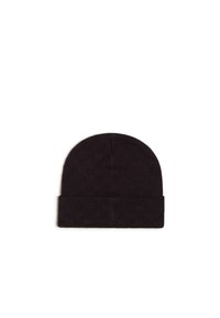 Gorro de punto negro con un patrón de cuadros texturizado y un borde doblado. El material parece suave y flexible.