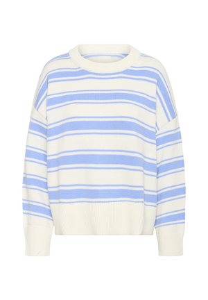Cremefarbener Strickpullover mit horizontalen hellblauen Streifen, gerippten Bündchen, Saum und Rundhalsausschnitt, auf weißem Hintergrund dargestellt.