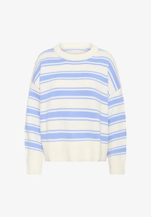 Cremefarbener Strickpullover mit horizontalen hellblauen Streifen, gerippten Bündchen, Saum und Rundhalsausschnitt, auf weißem Hintergrund dargestellt.