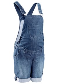 Salopettes en denim bleu foncé, avec des bretelles ajustables, une poche à l'avant et un short retroussé. Fabriquées en tissu léger et respirant.