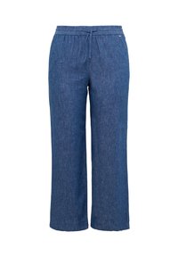 Blauwe, lichtgewicht, katoenen broek van een mix met een relaxte pasvorm, elastische tailleband en trekkoord. Rechte pijpen en geen zichtbare zakken.
