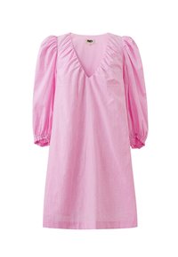 Rosa Kleid mit V-Ausschnitt und puffigen Ärmeln. Aus leichtem Stoff mit subtiler Textur. Lässige Passform. Elastische Bündchen an den Ärmelsäumen.