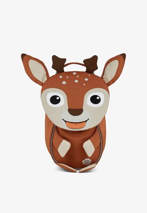 Brown children's backpack designed as a deer, featuring large eyes, triangular ears, and antlers. Made of textured fabric with a smiling mouth.