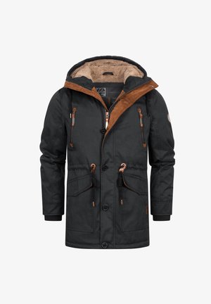 Parka de color gris oscuro con forro interior marrón, cremallera frontal con botones, cintura ajustable con cordón, cuatro bolsillos frontales y capucha con cordones.