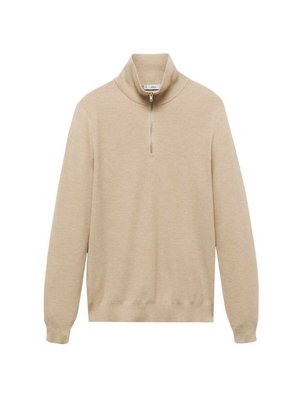 Beige, langärmliger Pullover mit hohem, Reißverschluss-Kragen. Texturiertem Stoff, eng anliegenden Bündchen und Saum, minimalistisches Design, keine sichtbaren Muster oder Akzente.