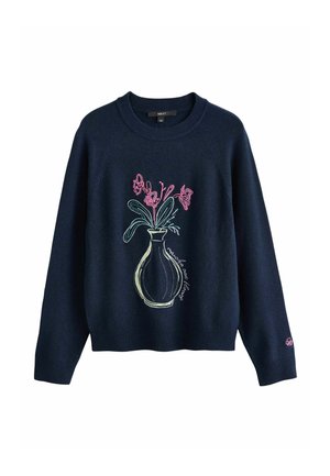 Navy sweater featuring floral vase embroidery in pink and green. Round neck, ribbed hem and cuffs, soft texture, relaxed fit.