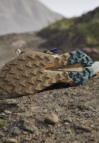 Sole of a hiking shoe with beige and blue rugged tread marked Continental, resting on rocky outdoor terrain.