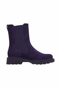 Bottine Chelsea en daim violet foncé avec panneau latéral élastique, languette au talon et semelle crantée noire épaisse.