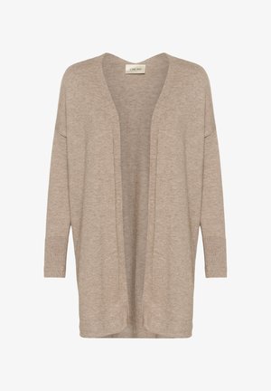 Beiger offener Cardigan aus weichem Strick, mit gerippten Details an den Bündchen, langen Ärmeln und lockerer Passform. Keine Verschlüsse oder Taschen.