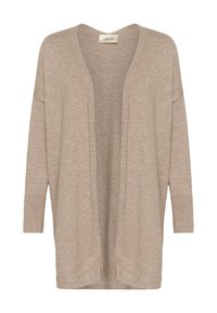 Cardigan beige avec devant ouvert, manches longues et poignets côtelés. Confectionné dans un matériau doux, offrant une coupe décontractée et sans fermetures.