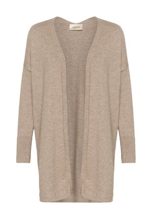 Bež kardigan s otvorenim prednjim dijelom od mekog pletenog materijala, s rebrastim detaljima na rukavima, dugim rukavima i opuštenim krojem. Bez kopčanja ili džepova.