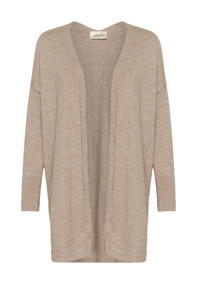 Cardigan beige avec devant ouvert, manches longues et poignets côtelés. Confectionné dans un matériau doux, offrant une coupe décontractée et sans fermetures.
