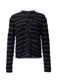 Kariertes Cardigan in Marineblau und Blau aus strukturiertem Garn mit kurzer Passform, V-Ausschnitt und zwei vorderen Knöpfen. Hat fransige Kanten.