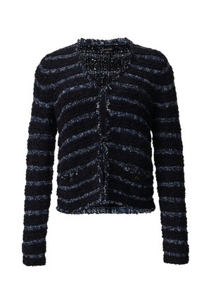 Kariertes Cardigan in Marineblau und Blau aus strukturiertem Garn mit kurzer Passform, V-Ausschnitt und zwei vorderen Knöpfen. Hat fransige Kanten.