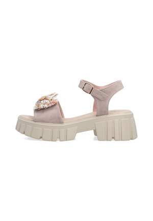 Beige chunky platform-sandal med ankelrem, flerfarvet stofblomstdetalje på frontremmen og firkantet spænde.