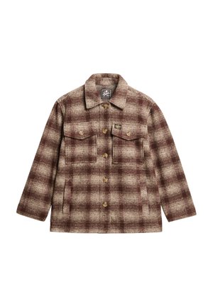 Veste en flanelle à carreaux marron et crème avec un devant boutonné, deux poches poitrine et un col classique. Caractérisée par des boutons dorés et une texture douce.