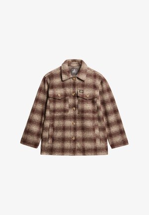 Veste en flanelle à carreaux marron et crème avec un devant boutonné, deux poches poitrine et un col classique. Caractérisée par des boutons dorés et une texture douce.