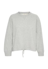 Sudadera de manga larga de color gris claro con cuello redondo y dobladillo ajustable con cordón, puños acanalados y pequeño logo de la marca en la manga izquierda.