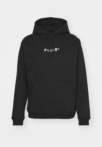 Felpa nera con cappuccio realizzata in misto cotone, dotata di tasca frontale a canguro e logo "VOLCOM" bianco sul petto.