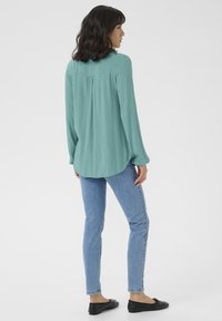 Teal long-sleeve blouse with a buttoned collar, gently gathered back, paired with slim light blue jeans and black flat shoes.