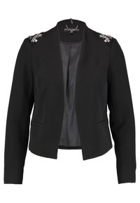 Černý blazer s přiléhavým střihem, s hladkou texturou, otevřeným předním dílem, dvěma předními kapsami a ozdobnými akcenty na ramenou.