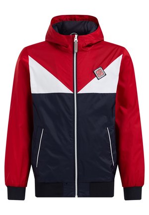 Czerwona, biała i granatowa rozpinana bluza z kapturem, z przednią naszywką, elastycznymi mankietami i dwoma przednimi kieszeniami z białym wykończeniem.