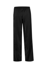 Black satin trousers with an elastic waistband, wide leg design, and a smooth, glossy texture. No pockets or additional embellishments.
