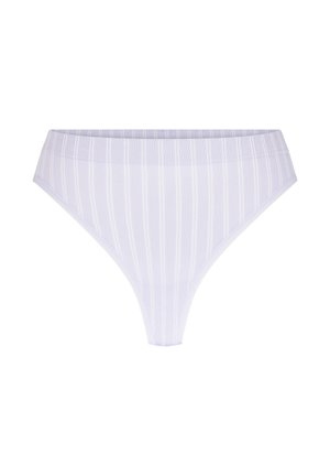 Hellviolette Bikinihose mit hohem Beinausschnitt, dünnen vertikalen weißen Streifen, elastischem Bund und nahtlosen Kanten.