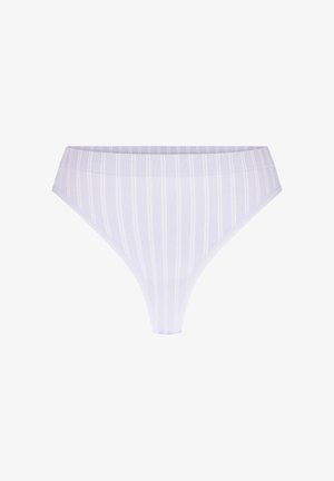 Lichtpaarse high-cut bikinibroekje met dunne verticale witte strepen, een elastische tailleband en naadloze randen.