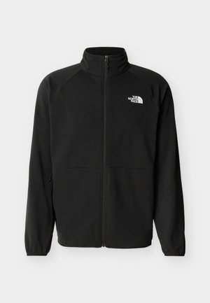 Geacă neagră din fleece cu fermoar complet, guler înalt, mâneci lungi, buzunare laterale și logo-ul alb The North Face pe pieptul stâng.