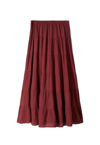 Burgundy, flerlagad maxikjol med elastisk midja, tillverkad av lättviktsmaterial, med rynkade sömmar och en flödande silhuett.