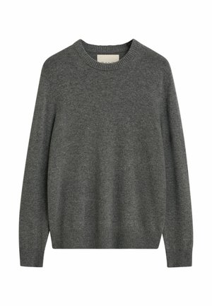 Grauer Pullover aus weichem Strickstoff, mit Rundhalsausschnitt, langen Ärmeln und gerippten Bündchen sowie Saum.