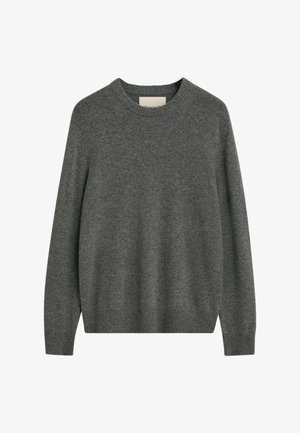 Grauer Pullover aus weichem Strickstoff, mit Rundhalsausschnitt, langen Ärmeln und gerippten Bündchen sowie Saum.