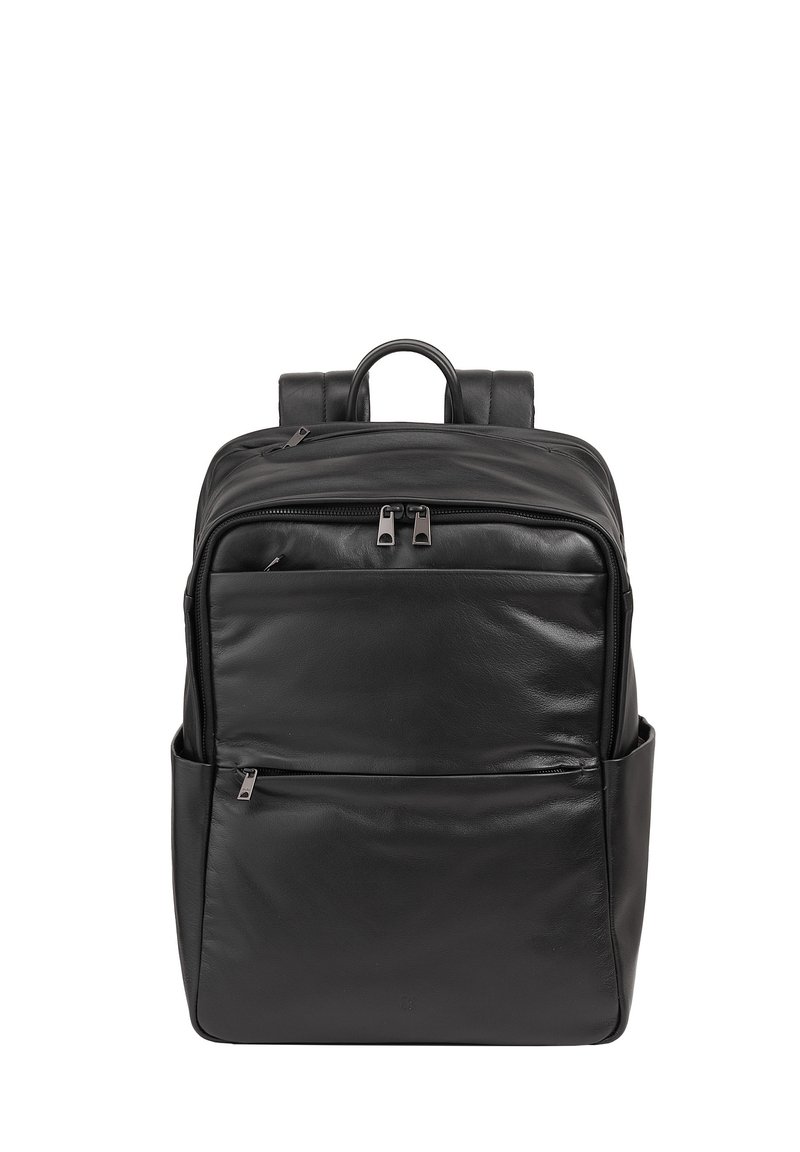 Sac à dos en cuir noir avec une texture lisse, double fermeture éclair, poche avant et bretelles rembourrées. Il est doté d'une poignée supérieure pour le transport.