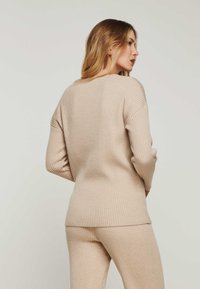 Beiger gerippter Strickpullover mit lockerer Passform, langen Ärmeln und rundem Ausschnitt, von hinten betrachtet.