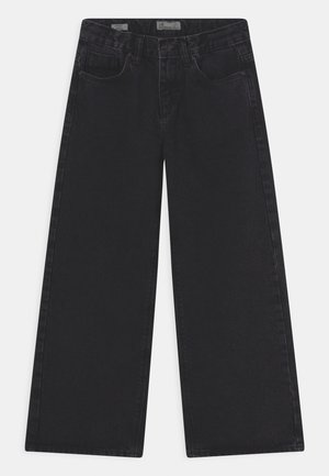 Czarne jeansy o szerokich nogawkach wykonane z denimu. Posiadają zapięcie na guziki z przodu, szlufki na pasek oraz design z pięcioma kieszeniami. Gładka faktura.