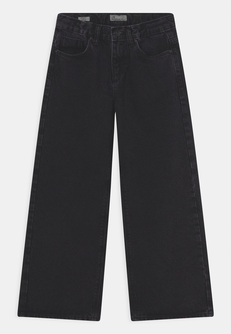 Black wide-leg jeans made of denim. Features include a front button closure, belt loops, and five-pocket design. Smooth texture.