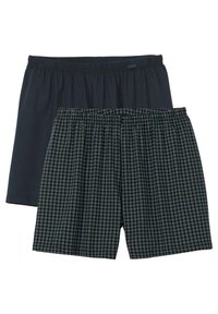 Ensemble de boxers en gris foncé et bleu marine à motifs. Ceintures élastiques, tissu doux. Une paire unie, une avec un design floral.
