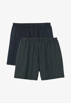 Boxer shorts set in dark gray and patterned navy. Elastic waistbands, soft fabric. One pair solid, one with floral design.