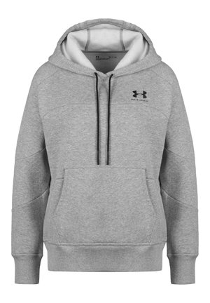 Sweat à capuche gris Under Armour avec poche avant, cordons noirs et logo sur la poitrine côté gauche, présenté sur fond blanc.