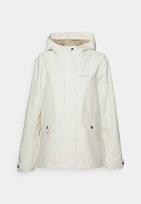 Chaqueta impermeable ligera de color blanco hueso con capucha, dos bolsillos delanteros y detalles con botones. Textura suave con mínima marca en el pecho.