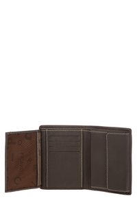 Brown leather wallet with a textured finish, featuring multiple card slots and a patterned interior lining. White stitching accentuates the edges.