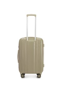 Maleta rígida en color beige con textura de costura vertical, asa retráctil y cuatro ruedas para facilitar el transporte.