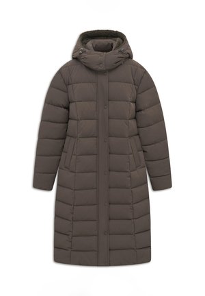 Long brown padded winter coat with hood, front snap button closure, and side pockets, displayed on a white background.