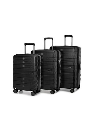 Three black hard-shell suitcases in varying sizes, featuring a textured surface, retractable handles, and four wheels for mobility.