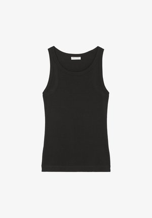 Black sleeveless tank top made of soft cotton, featuring a round neck and a fitted silhouette. Simple design with no visible patterns or accents.