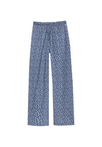 Modré široké kalhoty z lehkého materiálu, s květinovým vzorem v bílé barvě a elastickým pasem s šňůrkou pro nastavitelnou velikost.